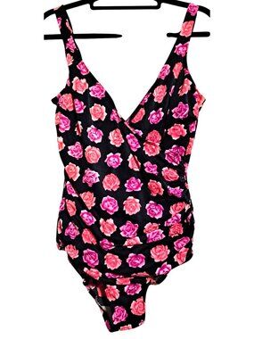 Miraclesuit One-Piece Swimsuit Womens Size 14 Black Pink Rose Print Nylon Blend